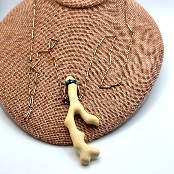 Porcelain Coral Branch Pendant Necklace Long Gold Chain - Picture 2 of 11